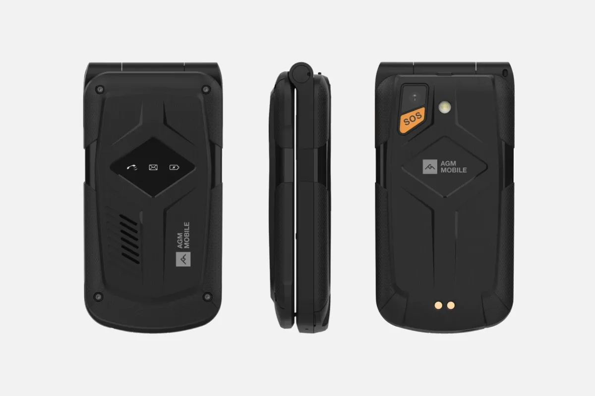 The AGM M10 flip phone closed, shown from the front, side, and back with an orange SOS key by the camera