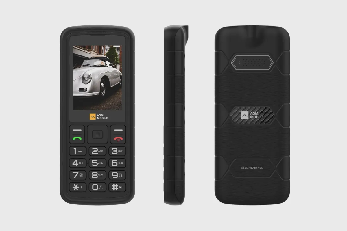 The AGM M9 rugged bar phone shown from the front, side, and back, with a keypad and a small screen
