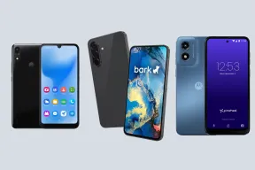 Three kids phones: a black phone with a plain app grid, a Samsung showing the Bark logo, and a Motorola on Pinwheel