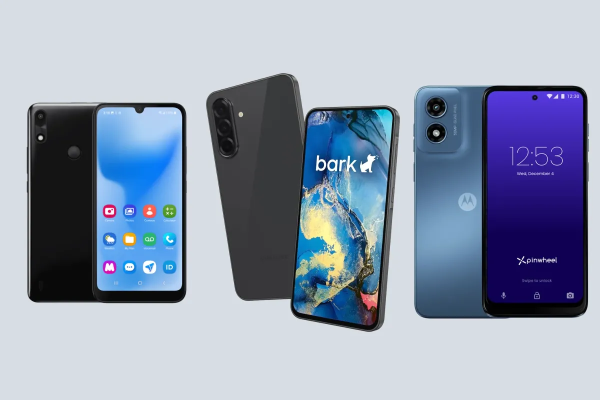 Three kids phones: a black phone with a plain app grid, a Samsung showing the Bark logo, and a Motorola on Pinwheel