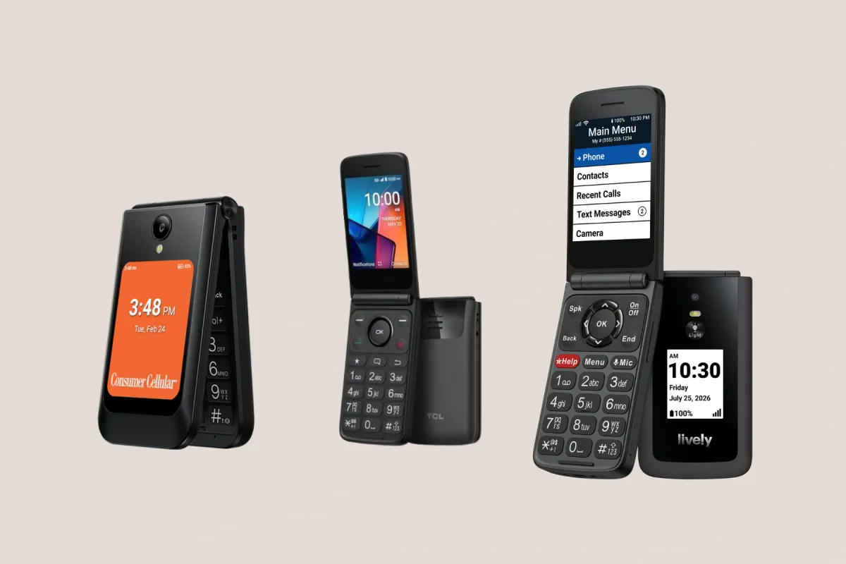 Three 5G flip phones: a closed Consumer Cellular Iris Easy Flip 2, an open TCL Flip 4 5G, and a Lively Jitterbug Flip3