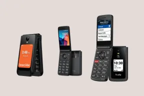 Three 5G flip phones: a closed Consumer Cellular Iris Easy Flip 2, an open TCL Flip 4 5G, and a Lively Jitterbug Flip3