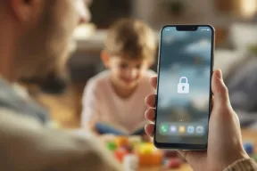 A hand holding a phone with a padlock icon over its apps while a child reads a book in the background