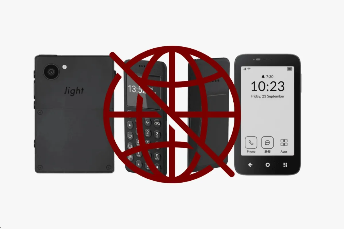 Light phones behind a red crossed-out globe, showing phones with no internet access
