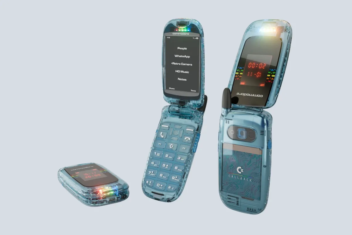 Three translucent blue Commodore Callback 8020 flips: one closed, one open on its app menu, one showing its back