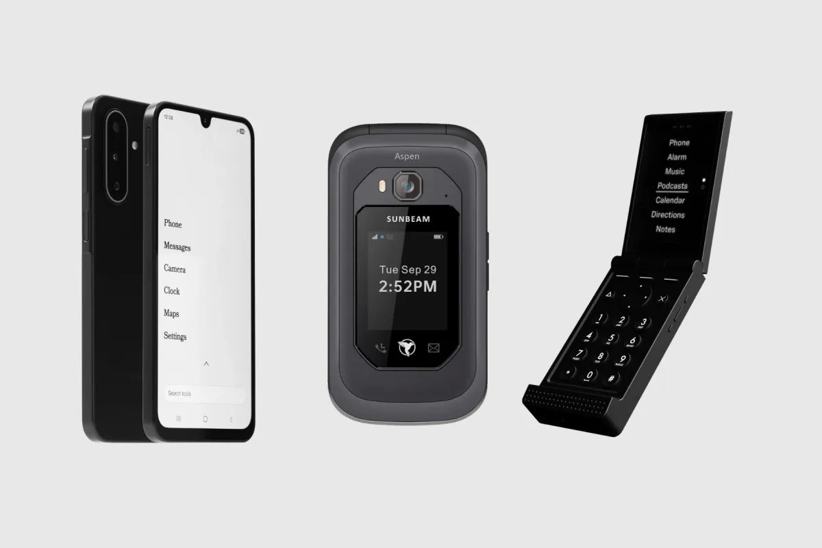 Three dumbphones side by side: a touchscreen phone with a text menu, a Sunbeam Aspen flip, and an open black flip