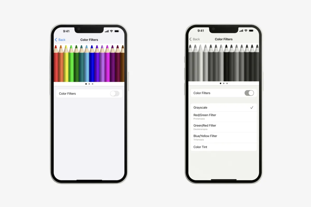 Two phone screens, one in color and one in black and white with the iPhone's Grayscale filter on