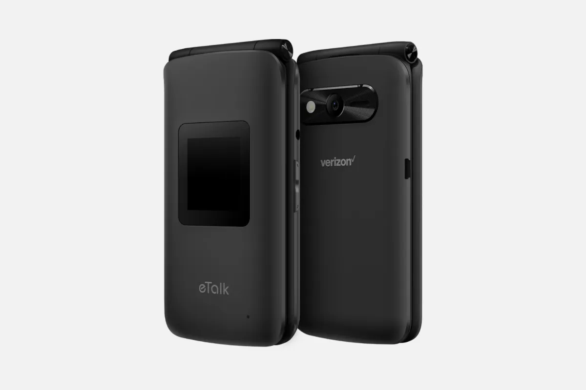 Two closed black Kazuna eTalk flip phones, one showing the small outer display and one the back with its camera