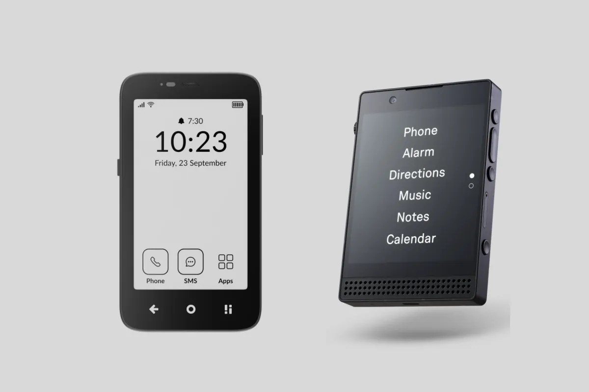 The Mudita Kompakt with its E Ink home screen next to the Light Phone III showing its tool menu