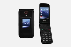 The Orbic Journey Pro flip phone closed with its outer display showing the time, and open with its keypad