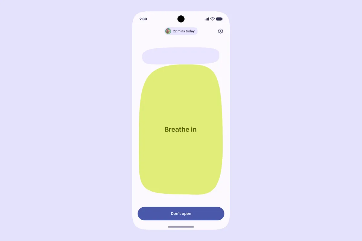 Pause Point on an Android phone: a Breathe in prompt above a Don't open button