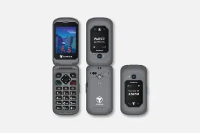 Sunbeam F1 Pro rugged flip phone open with its keypad, from the back, and closed showing the time