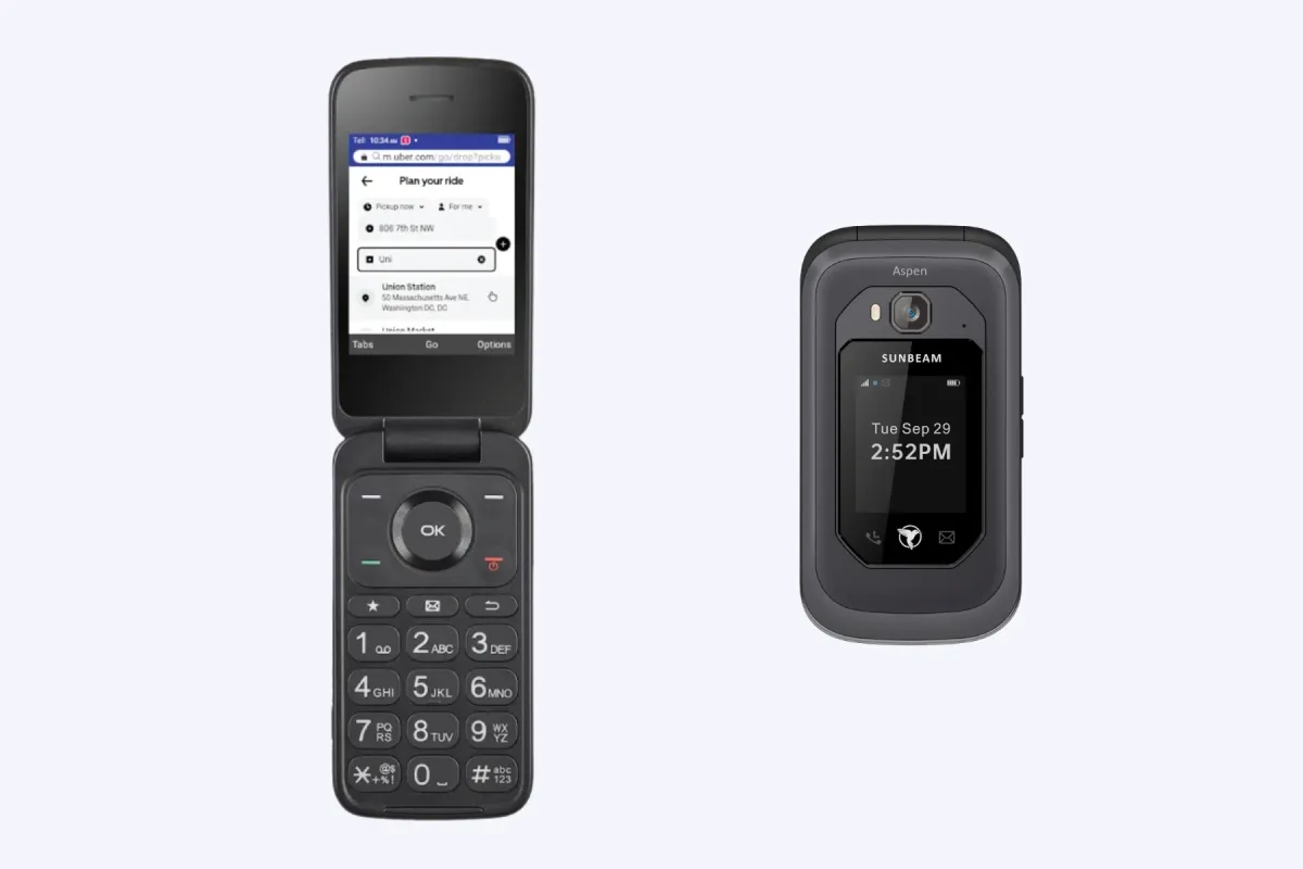 Two flip phones side by side: an open one showing an Uber ride page and a closed Sunbeam Aspen