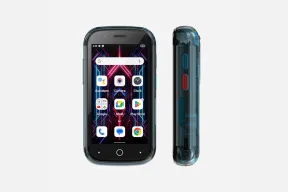 Unihertz Jelly Star, a tiny Android phone with a colorful home screen, shown from the front and side